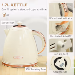HOMCOM Kettle and Toaster Set 1.7L Fast Boil Kettle & 2 Slice Toaster Set - Cream