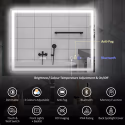 HOMCOM 600 x 800 mm Bathroom Mirror with Bluetooth Clock Lights Demister Pad