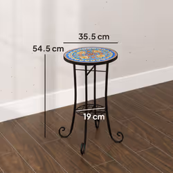 Outsunny 35.5cm Round Mosaic Garden Side Table Plant Stand w/ Shelf, Blue