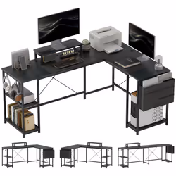 HOMCOM 168cm Reversible L Shaped Desk, 240cm Two Person Desk, Black