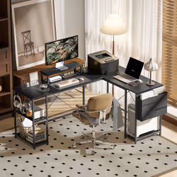 HOMCOM 168cm Reversible L Shaped Desk, 240cm Two Person Desk, Black