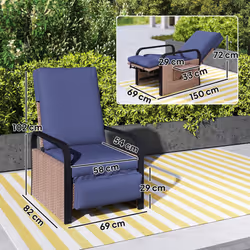 Outsunny Rattan Garden Recliner Chair Sun Lounger w/ Side Tray - Blue
