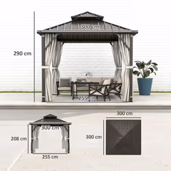 Outsunny 3 x 3(m) Hardtop Gazebo with Metal Roof, Netting and Curtains - Additional view 7