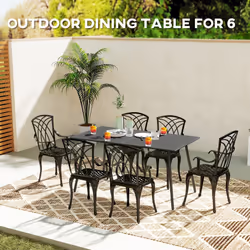 Outsunny Garden Dining Table for 6 Person with Slat Top, Steel Frame, Grey