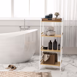 HOMCOM 4-Tier Bamboo Bathroom Shelf with Adjustable Rack, Natural, White