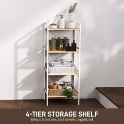HOMCOM 4-Tier Bamboo Bathroom Shelf with Adjustable Rack, Natural, White