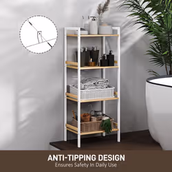 HOMCOM 4-Tier Bamboo Bathroom Shelf with Adjustable Rack, Natural, White - Additional view 4