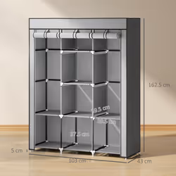HOMCOM Fabric Portable Wardrobe with 8 Shelves 2 Hanging Rails, Light Grey