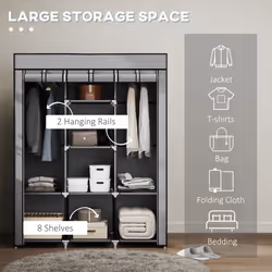 HOMCOM Fabric Portable Wardrobe with 8 Shelves 2 Hanging Rails, Light Grey