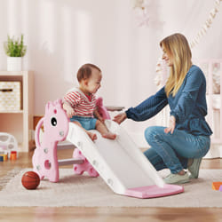 AIYAPLAY 3 in 1 Kids Slide with Climber, Basketball Hoop and Ball, Pink