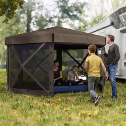 Outsunny 3 x 3(m) Hexagon Pop Up Gazebo with 5 Sides, Netting, Brown
