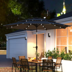 Outsunny 3-Tier Garden Parasol w/ Solar LED Lights, Tilt, Crank Handle - Grey