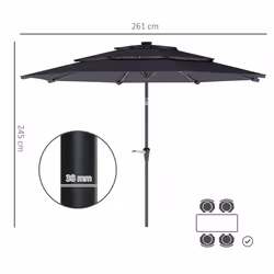 Outsunny 3-Tier Garden Parasol w/ Solar LED Lights, Tilt, Crank Handle - Grey