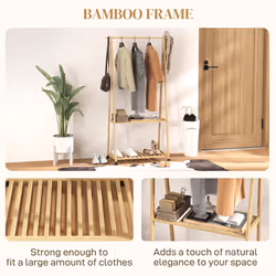 HOMCOM Bamboo Clothes Rail Rack with 2 Storage Shelves, Natural Wood Effect - Additional view 5