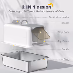 PawHut Stainless Steel Cat Litter Box with Removable Lid, Scoop, White - Additional view 4