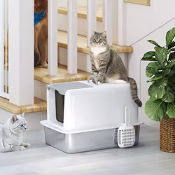 PawHut Stainless Steel Cat Litter Box with Removable Lid, Scoop, White - Additional view 6