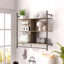 HOMCOM Wall Shelf Unit with 4 Hooks for Living Room Grey Wood Effect