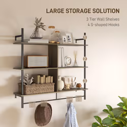 HOMCOM Wall Shelf Unit with 4 Hooks for Living Room Grey Wood Effect