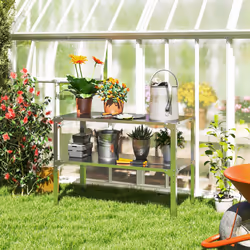 Outsunny 2 Tier Potting Bench Table, Galvanised Work Bench, Silver Tone