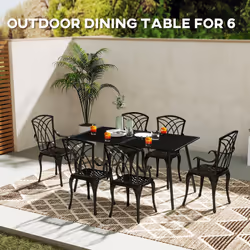 Outsunny Garden Table for 6 Person with Slat Top, Steel Frame, Black