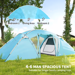 Outsunny 4-6 Man Family Camping Tent w/ 2 Bedrooms, a Living Room, Blue
