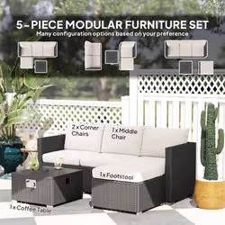 Outsunny 4 Seater Rattan Sofa Set with Footstool Thick Cushions Black Cream