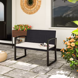 Outsunny 2 Seater Rattan Garden Bench with Cushion, Steel Frame, Black
