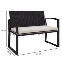 Outsunny 2 Seater Rattan Garden Bench with Cushion, Steel Frame, Black