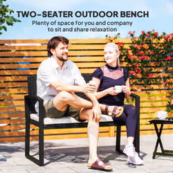 Outsunny 2 Seater Rattan Garden Bench with Cushion, Steel Frame, Black