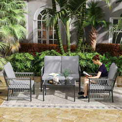 Outsunny 4 Seater Rattan Garden Sofa Set with Glass Top Coffee Table - Grey