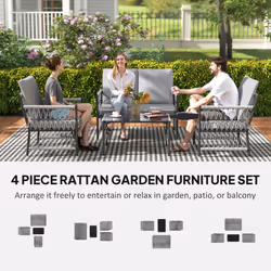 Outsunny 4 Seater Rattan Garden Sofa Set with Glass Top Coffee Table - Grey