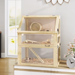 PawHut Wooden Hamster Cage w/ Detachable Bottom, Hut, Seesaw