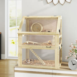 PawHut Wooden Hamster Cage w/ Detachable Bottom, Hut, Seesaw