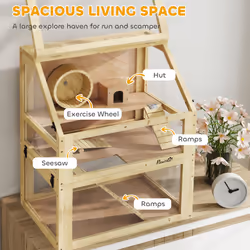 PawHut Wooden Hamster Cage w/ Detachable Bottom, Hut, Seesaw