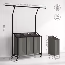 HOMCOM 126L Laundry Sorter, Laundry Basket with 3-Bag Organiser, Dark Grey