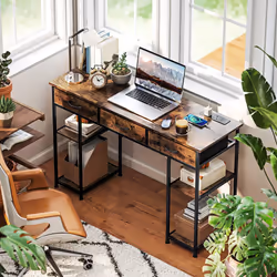 HOMCOM Computer Writing Desk with Power Outlets, Drawers, Shelves - Brown