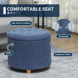 HOMCOM 45cm Round Ottoman with Storage, Lid, Cashmere Footstool, Blue
