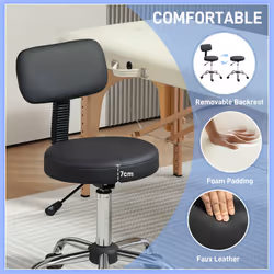 HOMCOM Rolling Stool with Backrest, Wheels, Faux Leather Salon Chair, Black