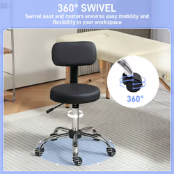 HOMCOM Rolling Stool with Backrest, Wheels, Faux Leather Salon Chair, Black