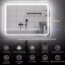 HOMCOM 600 x 800 mm Illuminated Bathroom Mirror with Bluetooth Clock Silver