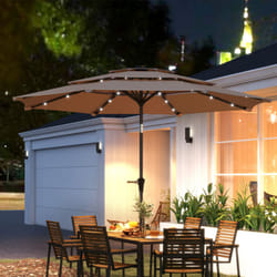 Outsunny 3-Tier Garden Parasol w/ Solar LED Lights, Tilt, Crank Handle - Gold