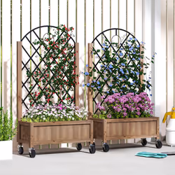 Outsunny Pack of 2 Wooden Raised Bed, Outdoor Planter Box w/ Metal Trellis