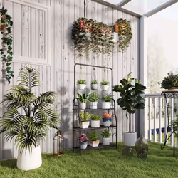 Outsunny 3 Tier Plant Stand w/ Hanging Hooks for Balcony Living Room, Black