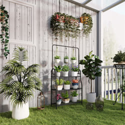 Outsunny 3 Tier Plant Stand w/ Hanging Hooks for Balcony Living Room, Black