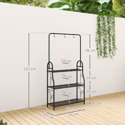 Outsunny 3 Tier Plant Stand w/ Hanging Hooks for Balcony Living Room, Black