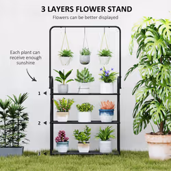 Outsunny 3 Tier Plant Stand w/ Hanging Hooks for Balcony Living Room, Black