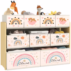 AIYAPLAY 3-Tier Toy Organiser Shelf with 9 Storage Boxes for Bedroom Yellow