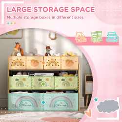 AIYAPLAY 3-Tier Toy Organiser Shelf with 9 Storage Boxes for Bedroom Yellow