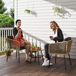 Outsunny 3 Piece Rattan Bistro Set with Cushions, Nature Wood Finish