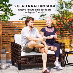 Outsunny Rattan Sofa with Cushions, 2 Seater Garden Furniture, Brown